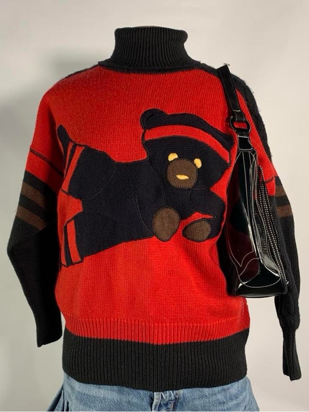 VAVA Red Teddy Bear Mock Neck Sweater Retro Kidcore Vintage